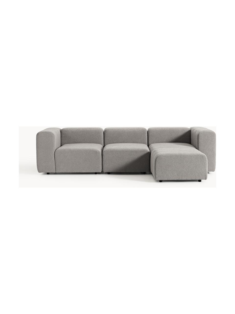 Modulares Bouclé-Sofa Lena (4-Sitzer) mit Hocker (links/rechts), Bezug: Bouclé (93 % Polyester, 6, Gestell: Buchenholz, Spanplatte, H, Füße: Kunststoff, Bouclé Grau, B 287 x T 181 cm