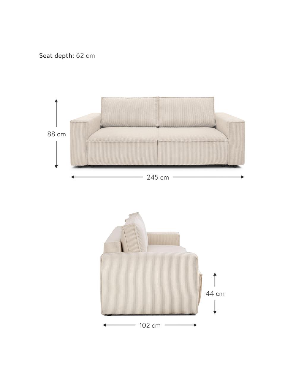 Sofá cama de pana Nihad (3 plazas), con espacio de almacenamiento, Tapizado: pana de poliéster, Patas: plástico, Beige, An 245 x F 102 cm