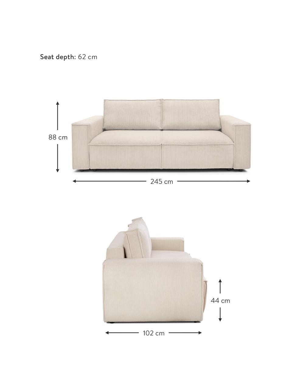Sofa rozkładana ze sztruksu z miejscem do przechowywania Nihad (3-osobowa), Tapicerka: sztruks poliestrowy, Nogi: tworzywo sztuczne, Beżowy sztruks, S 245 x G 102 cm