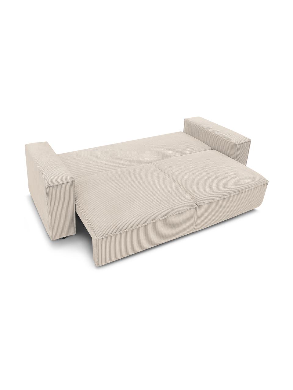 Divano letto 3 posti in velluto a coste beige con contenitore Nihad, Rivestimento: corda di poliestere, Sottostruttura: legno, molle Nosag, Piedini: plastica, Velluto a coste beige, nero, Larg. 245 x Prof. 102 cm