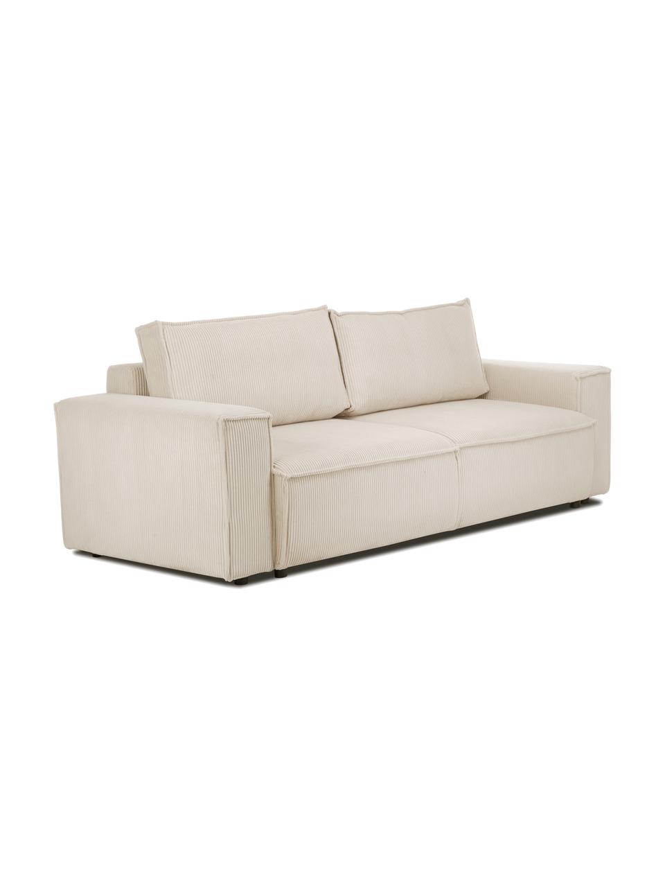 Sofa rozkładana ze sztruksu z miejscem do przechowywania Nihad (3-osobowa), Tapicerka: sztruks poliestrowy, Nogi: tworzywo sztuczne, Beżowy sztruks, S 245 x G 102 cm