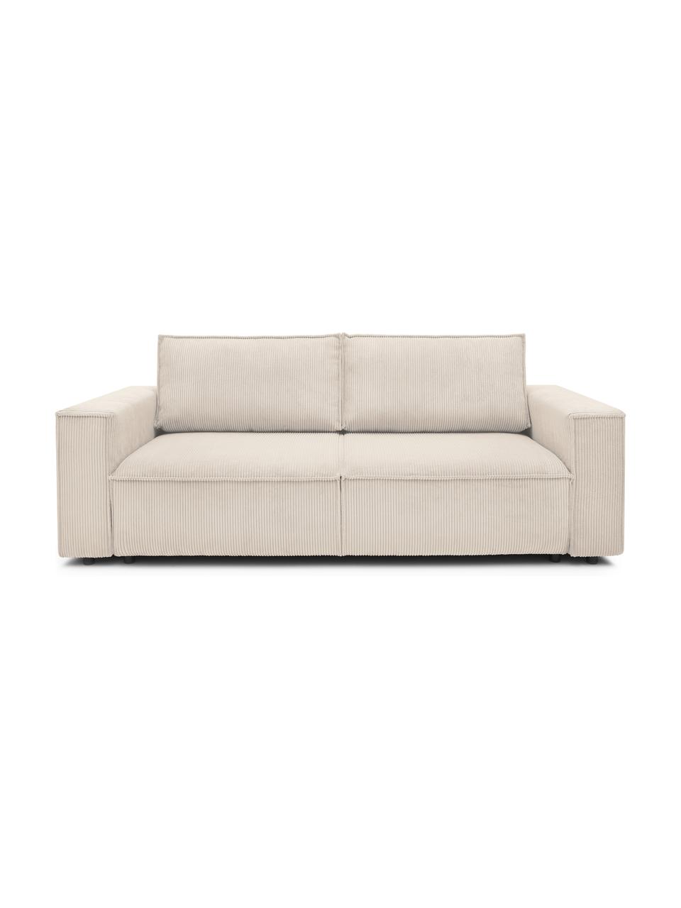 Divano letto 3 posti in velluto a coste beige con contenitore Nihad, Rivestimento: corda di poliestere, Sottostruttura: legno, molle Nosag, Piedini: plastica, Velluto a coste beige, nero, Larg. 245 x Prof. 102 cm