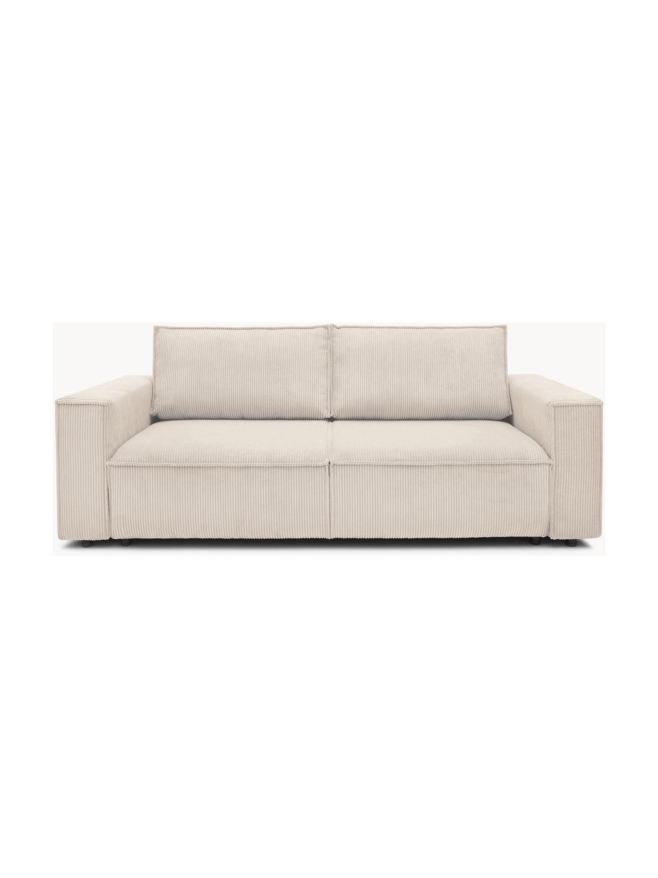 Sofá cama de pana Nihad (3 plazas), con espacio de almacenamiento, Tapizado: pana de poliéster, Patas: plástico, Pana beige, An 245 x F 102 cm