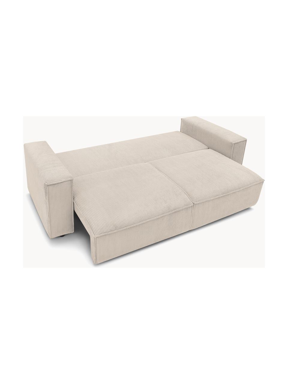 Divano letto 3 posti in velluto a coste beige con contenitore Nihad, Rivestimento: corda di poliestere, Sottostruttura: legno, molle Nosag, Piedini: plastica, Velluto a coste beige, nero, Larg. 245 x Prof. 102 cm