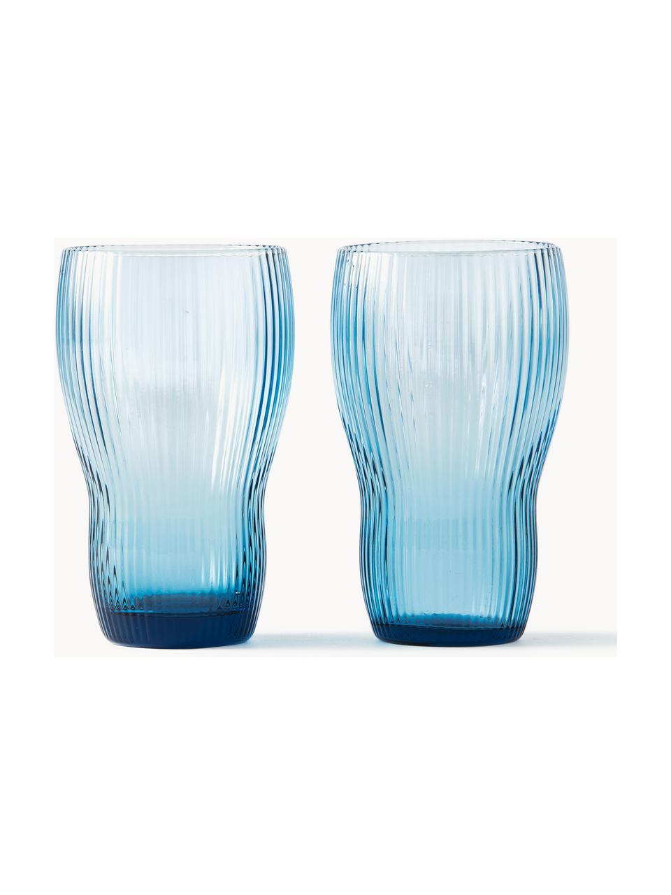 Vasos highball soplados artesanalmente con relieves Pum, 2 uds, Vidrio soplado artesanalmente, Azul claro, Ø 7 x Al 12 cm, 300 ml