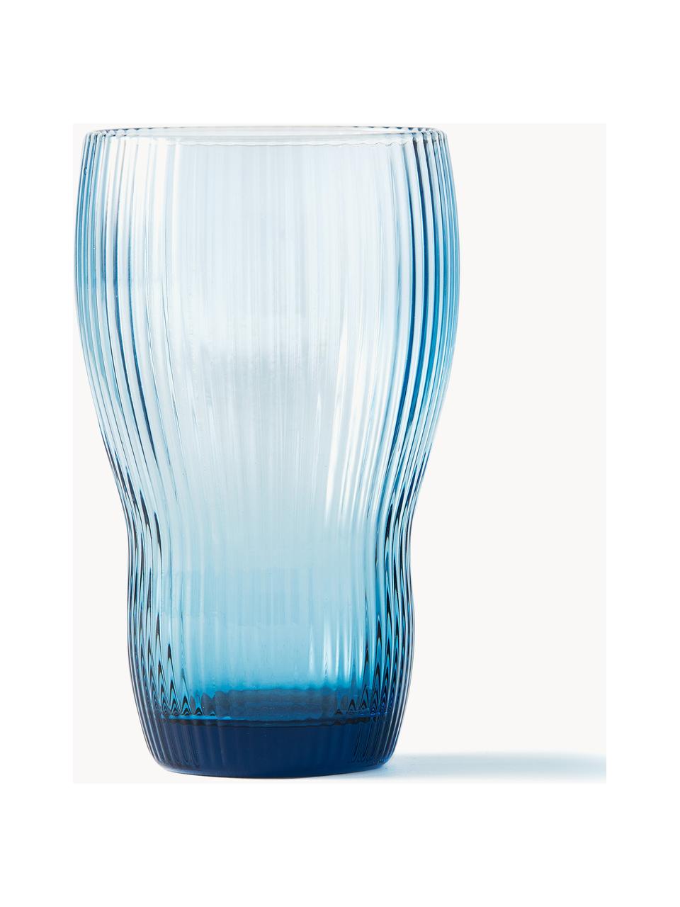 Bicchieri da long drink in vetro soffiato con struttura millerighe Pum, 2 pz, Vetro soffiato, Azzurro, Ø 7 x Alt. 12 cm, 300 ml