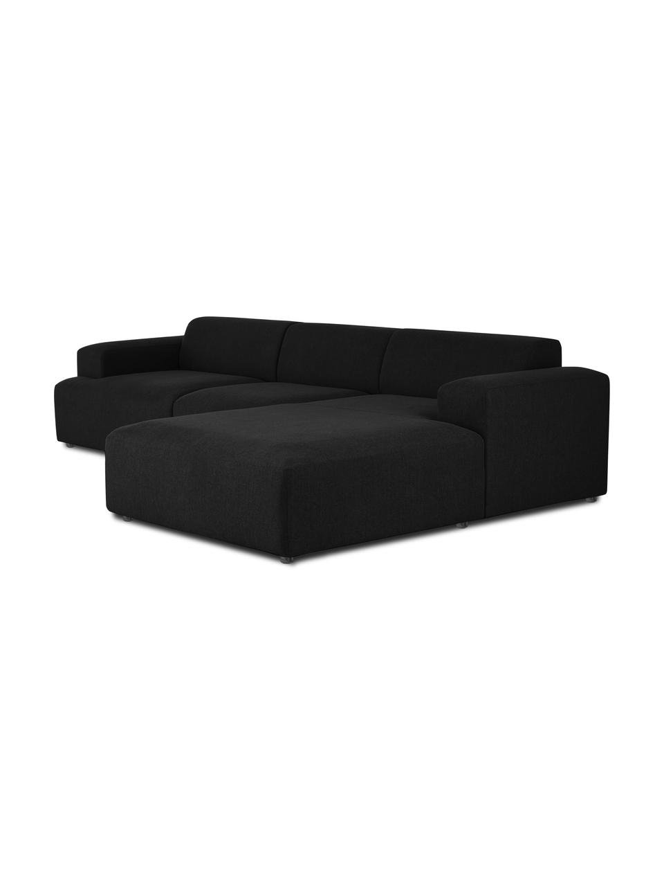 Canapé d'angle 4 places noir Melva, Tissu noir, larg. 319 x prof. 196 cm, méridienne à droite
