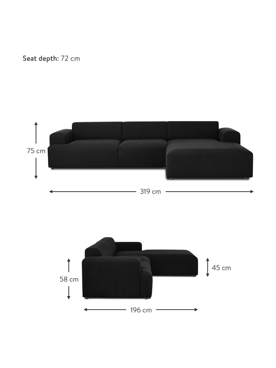 Canapé d'angle 4 places noir Melva, Tissu noir, larg. 319 x prof. 196 cm, méridienne à droite