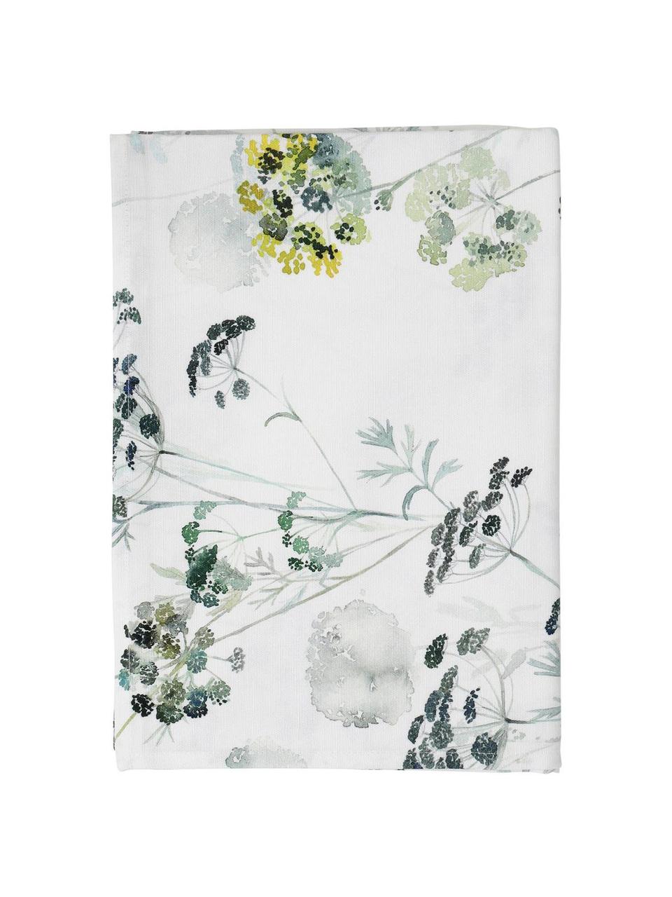 Tovaglia in cotone con motivo floreale Herbier, Cotone, Bianco, tonalità verdi, Per 4-6 persone (Larg.160 x Lung. 160 cm)
