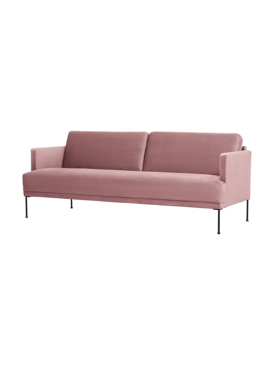 Sofa z aksamitu z metalowymi nogami Fluente (3-osobowa), Tapicerka: aksamit (wysokiej jakości, Stelaż: lite drewno sosnowe z cer, Nogi: metal malowany proszkowo, Bladoróżowy aksamit, S 196 x G 85 cm