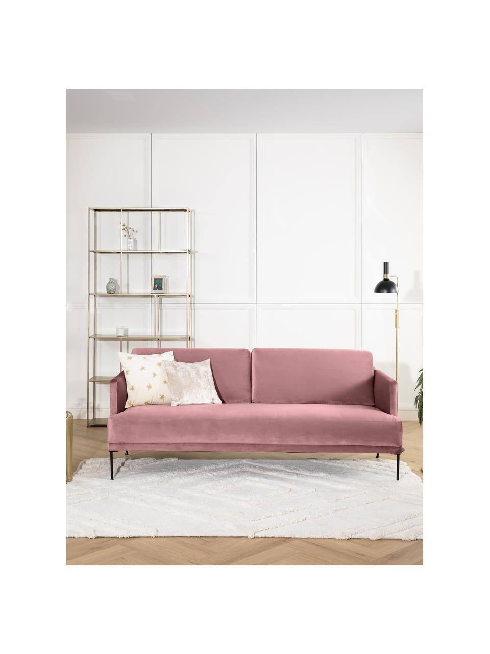 Divano 3 posti in velluto con piedini in metallo Fluente, Rivestimento: velluto (copertura in pol, Struttura: legno di pino massiccio, , Piedini: metallo verniciato a polv, Velluto rosa, Larg. 196 x Prof. 85 cm