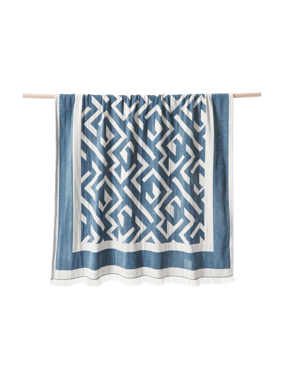 Coperta con frange e motivo geometrico Arthur, 50% cotone, 50% poliestere

Il materiale utilizzato in questo prodotto è testato per le sostanze nocive e certificato secondo lo STANDARD 100 by OEKO-TEX®, 6457CIT, CITEVE., Blu, bianco, Larg. 130 x Lung. 170 cm