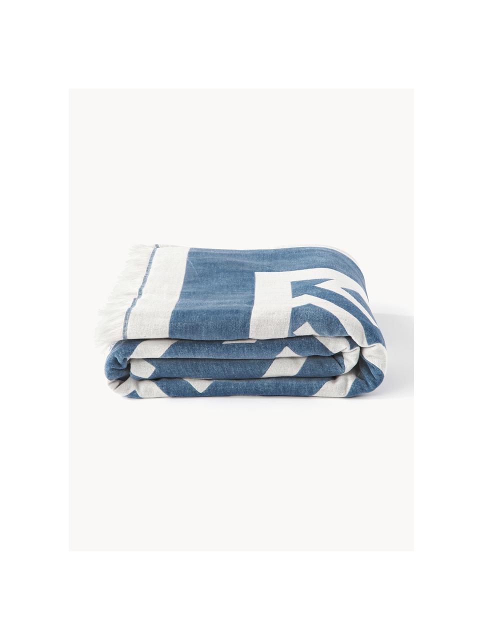 Plaid Arthur met franjes en geometrisch patroon, 50% katoen, 50% polyester

Het in dit product gebruikte materiaal is getest op schadelijke stoffen en gecertificeerd volgens STANDARD 100 door OEKO-TEX®, 6457CIT, CITEVE., Blauw, wit, B 130 x L 170 cm