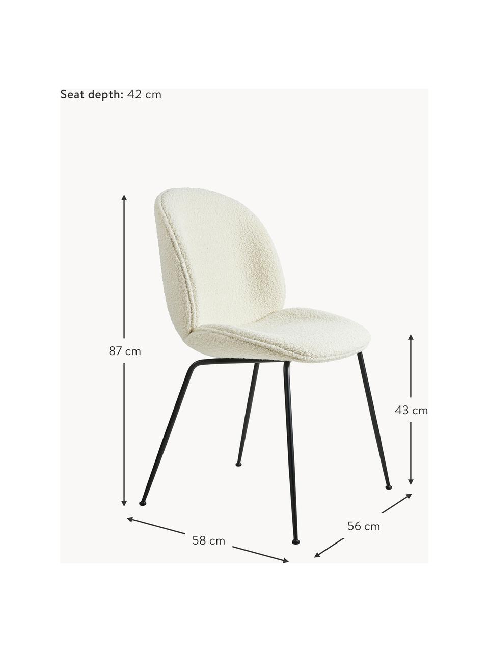Krzesło tapicerowane Bouclé Beetle, Tapicerka: Bouclé (100% poliester), Nogi: stal powlekana, Bouclé biały, czarny matowy, S 56 x G 58 cm