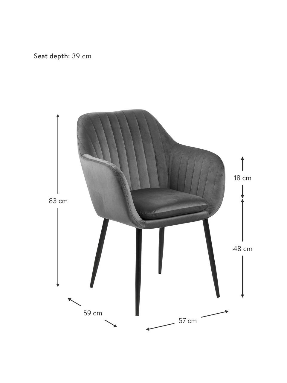 Sedia con braccioli in velluto e gambe in metallo Emilia, Rivestimento: velluto di poliestere Con, Gambe: metallo, verniciato, Velluto grigio scuro, nero, Larg. 57 x Prof. 59 cm