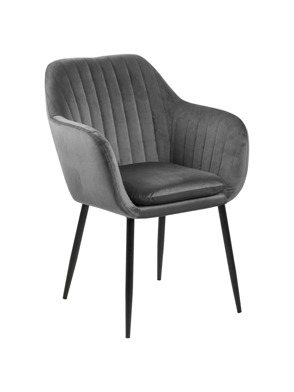 Chaise velours rembourrée pieds en métal Emilia, Velours gris foncé, noir, larg. 57 x prof. 59 cm