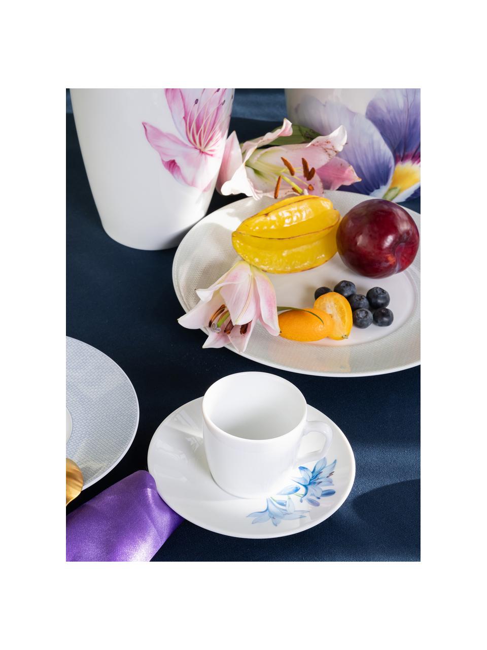 Ručně vyrobené porcelánové šálky s podšálky na espresso Cosmopolitan, 2 ks, Porcelán, Bílá, světle modrá, Ø 8 cm, V 7 cm, 50 ml