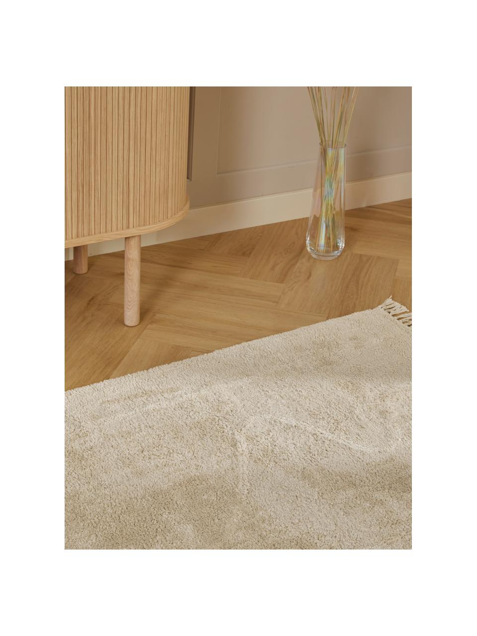 Handgetuft katoenen vloerkleed Lines met franjes, Beige, crèmewit, B 80 x L 150 cm (maat XS)