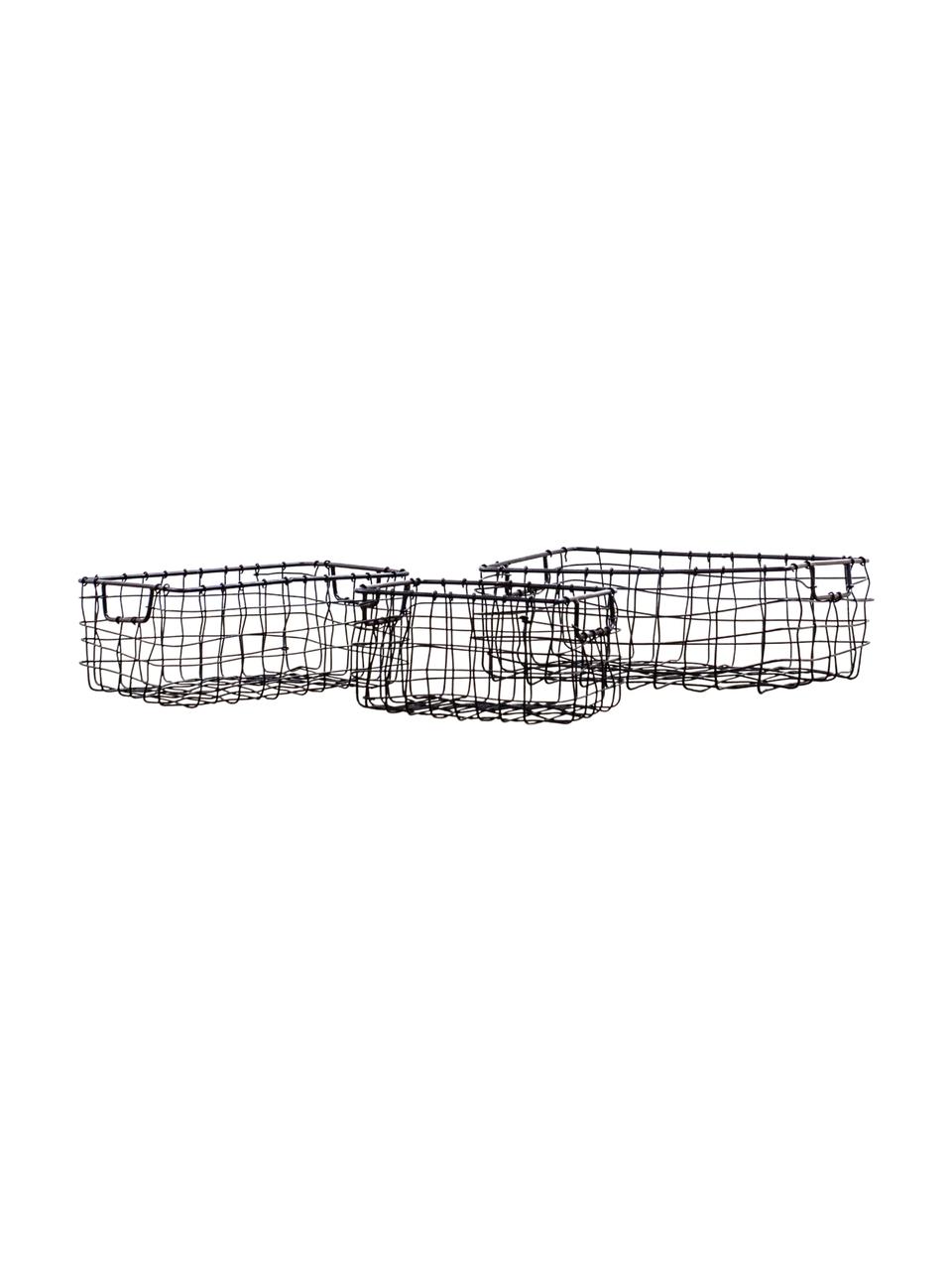 Handgemaakte opbergmanden Mini, set van 3, Gecoat metaal, Zwart, B 24 x H 9 cm