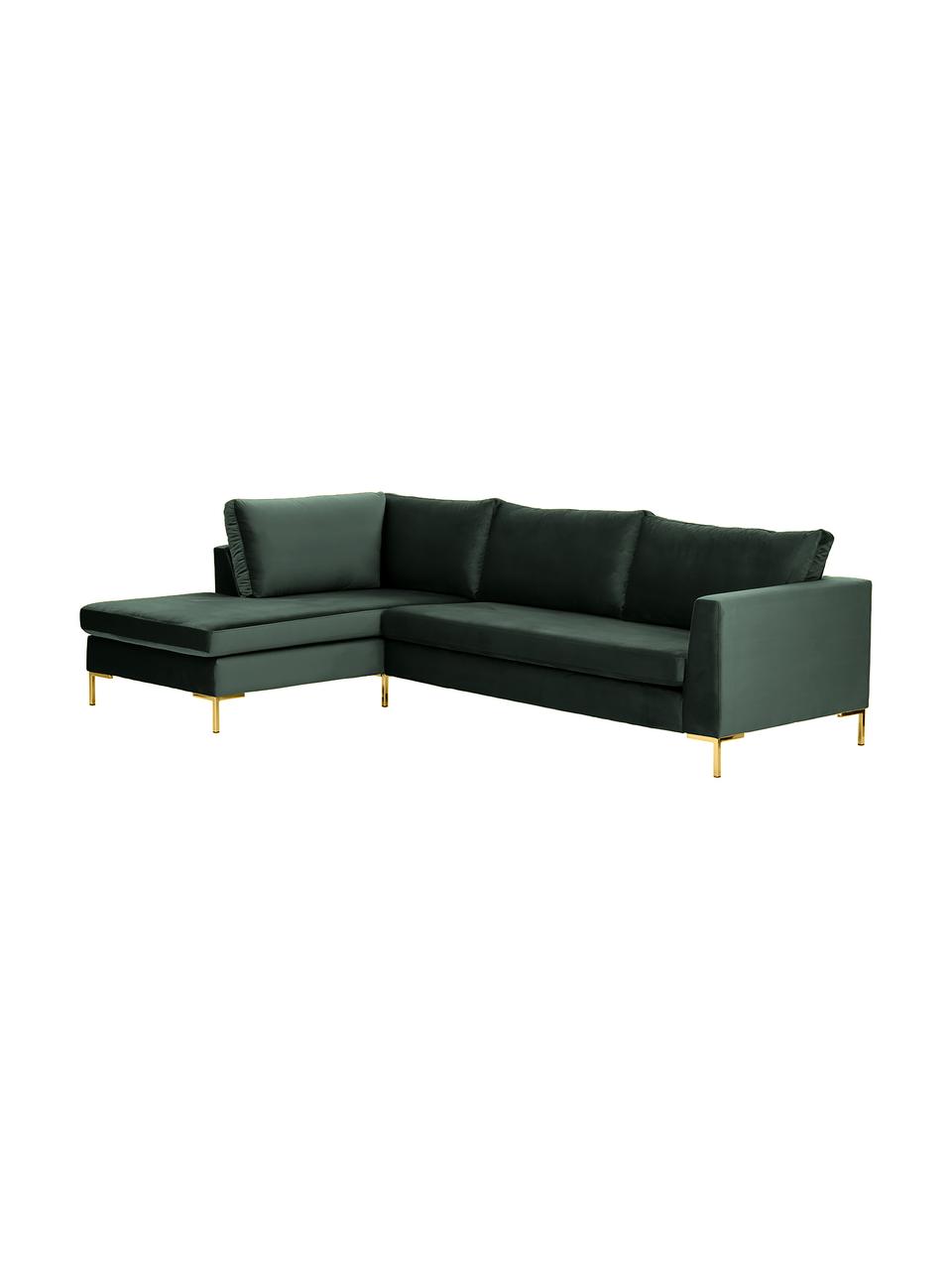 Sofa narożna z aksamitu z metalowymi nogami Luna, Tapicerka: aksamit (poliester) Dzięk, Nogi: metal galwanizowany, Ciemnozielony aksamit, S 280 x G 184 cm, lewostronna