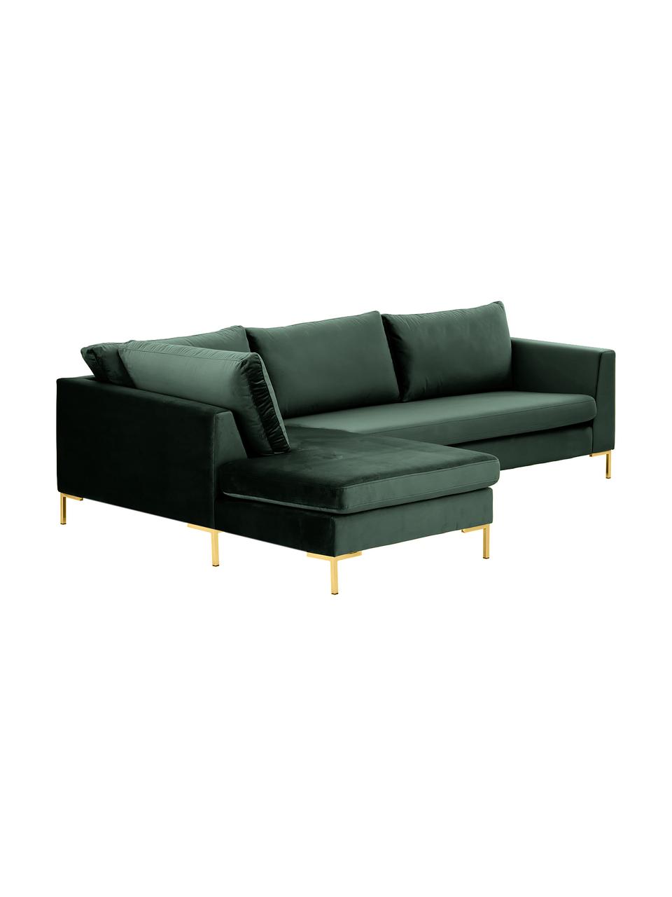 Samt-Ecksofa Luna, Bezug: Samt (Polyester) Der hoch, Gestell: Massives Buchenholz, Füße: Metall, galvanisiert, Samt Dunkelgrün, B 280 x T 184 cm, Eckteil links