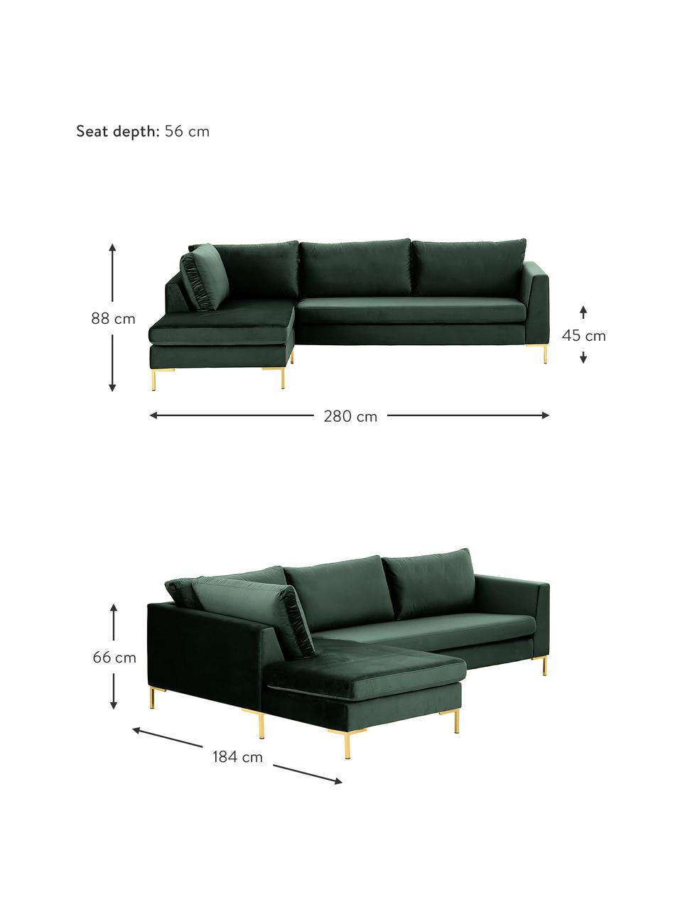 Sofa narożna z aksamitu z metalowymi nogami Luna, Tapicerka: aksamit (poliester) Dzięk, Nogi: metal galwanizowany, Ciemnozielony aksamit, S 280 x G 184 cm, lewostronna
