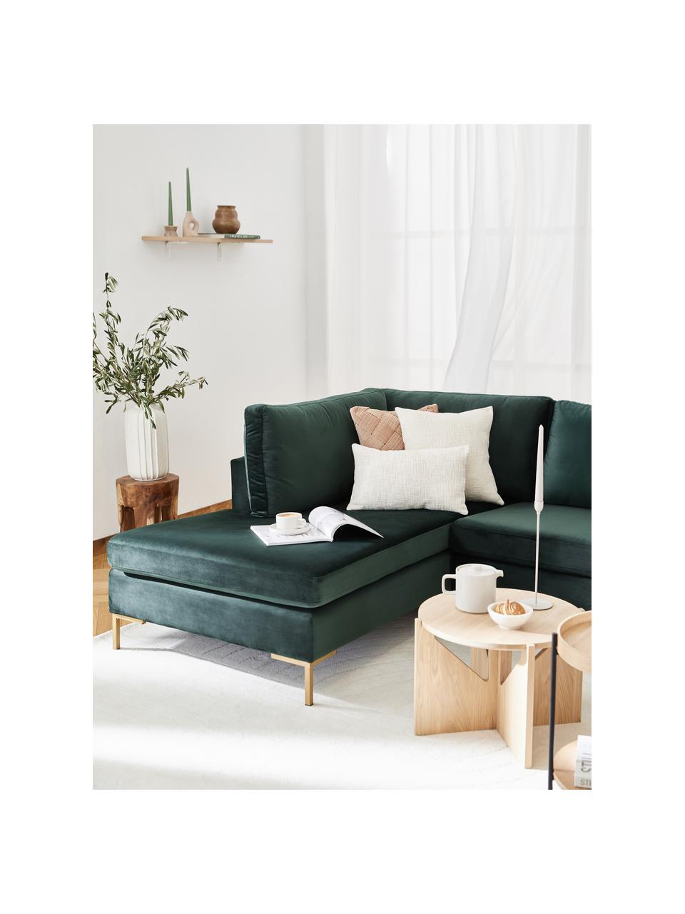 Fluwelen hoekbank Luna met metalen poten, Bekleding: fluweel (polyester) De ho, Frame: massief beukenhout, Poten: gegalvaniseerd metaal, Fluweel donkergroen, B 280 x D 184 cm, hoekdeel links