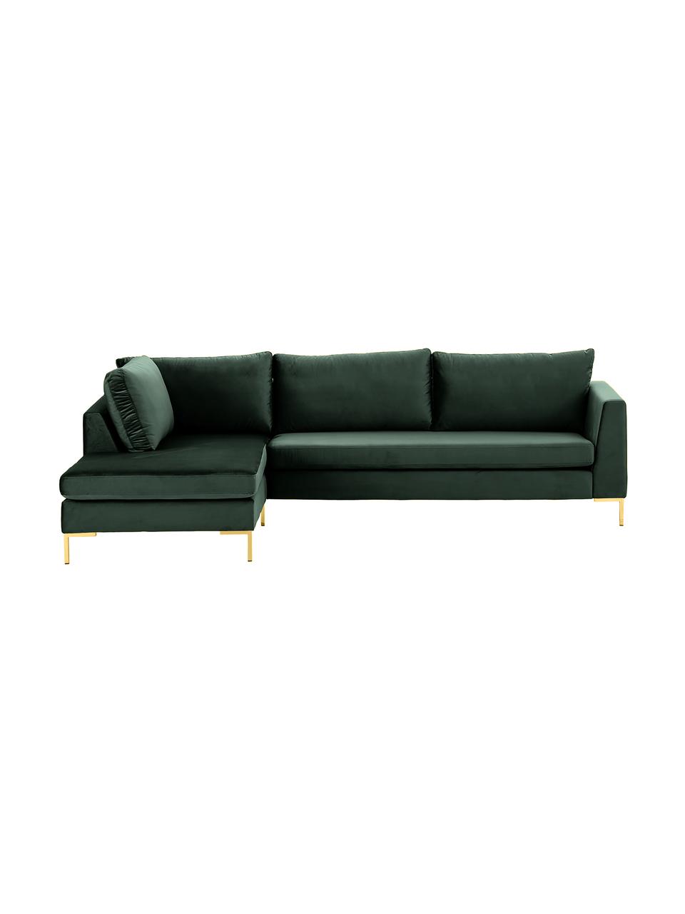 Zamatová rohová pohovka s kovovými nohami Luna, Zamatová tmavozelená, zlatá, Š 280 x H 184 cm, ľavé rohové prevedenie