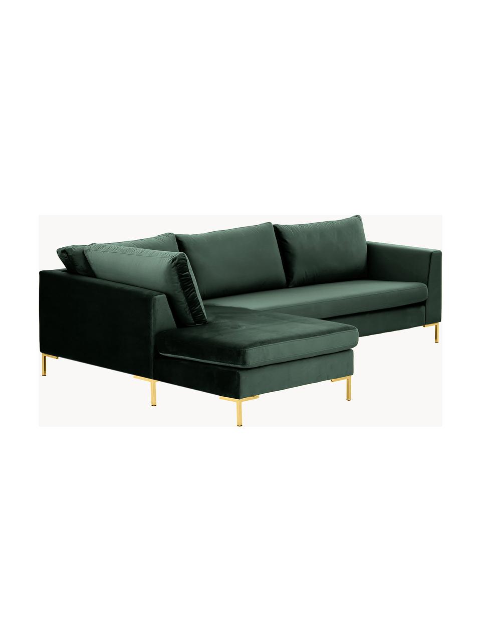 Divano angolare in velluto Luna, Rivestimento: velluto (100% poliestere), Struttura: legno massiccio di faggio, Velluto verde scuro, oro, Larg. 280 x Prof. 184 cm, chaise-longue a sinistra