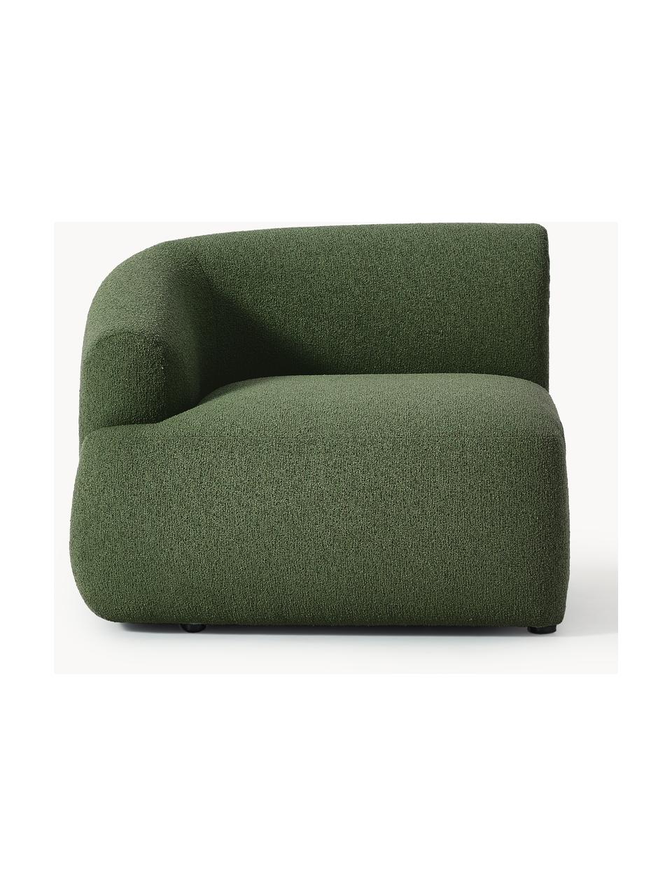 Módulo de esquina en tejido bouclé Sofia, Tapizado: tejido bouclé (100% polié, Estructura: madera de pícea, tablero , Patas: plástico Este producto es, Bouclé verde oscuro, An 95 x F 103 cm, módulo esquina izquierda