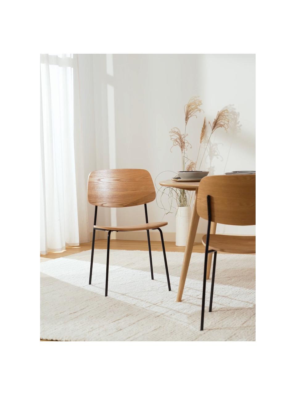 Houten stoelen Nadja, 2 stuks, Zitvlak: multiplex met essenhoutfi, Poten: gepoedercoat metaal, Licht hout, B 50 x H 53 cm