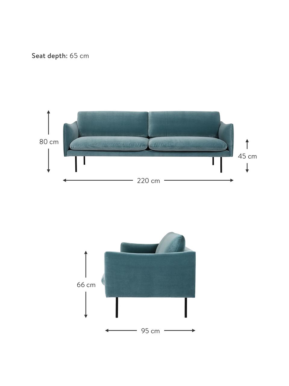 Fluwelen bank Moby (3-zits) met metalen poten, Bekleding: fluweel (hoogwaardig poly, Frame: massief grenenhout, FSC-g, Poten: gepoedercoat metaal, Fluweel turquoise, B 220 x D 95 cm