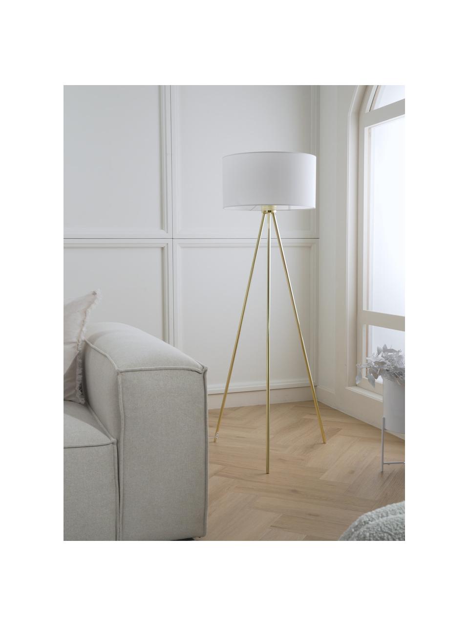 Lámpara de pie trípode Cella, Pantalla: mezcla de algodón, Cable: plástico, Dorado brillante, blanco, Ø 48 x Al 158 cm