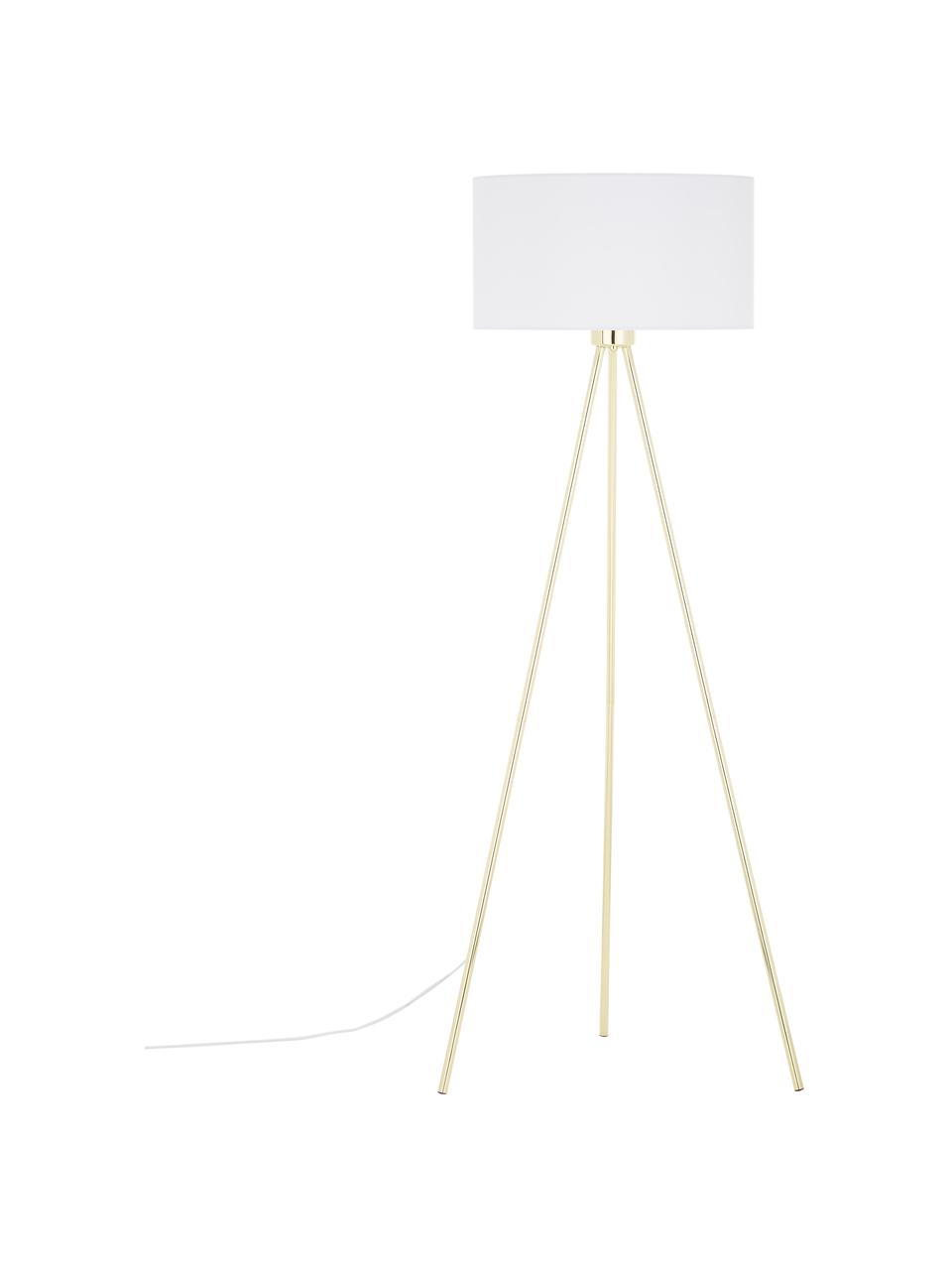 Lampa podłogowa trójnóg z kloszem z tkaniny Cella, Podstawa lampy: odcienie złotego, błyszczący Klosz: biały, Ø 48 x W 158 cm