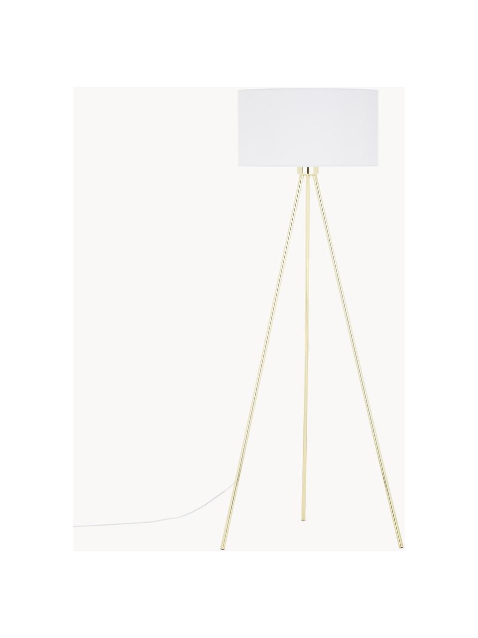 Tripod Stehlampe Cella mit Stoffschirm, Lampenschirm: Baumwollgeschmisch, Lampenfuß: Metall, Weiß, Goldfarben, H 147 cm