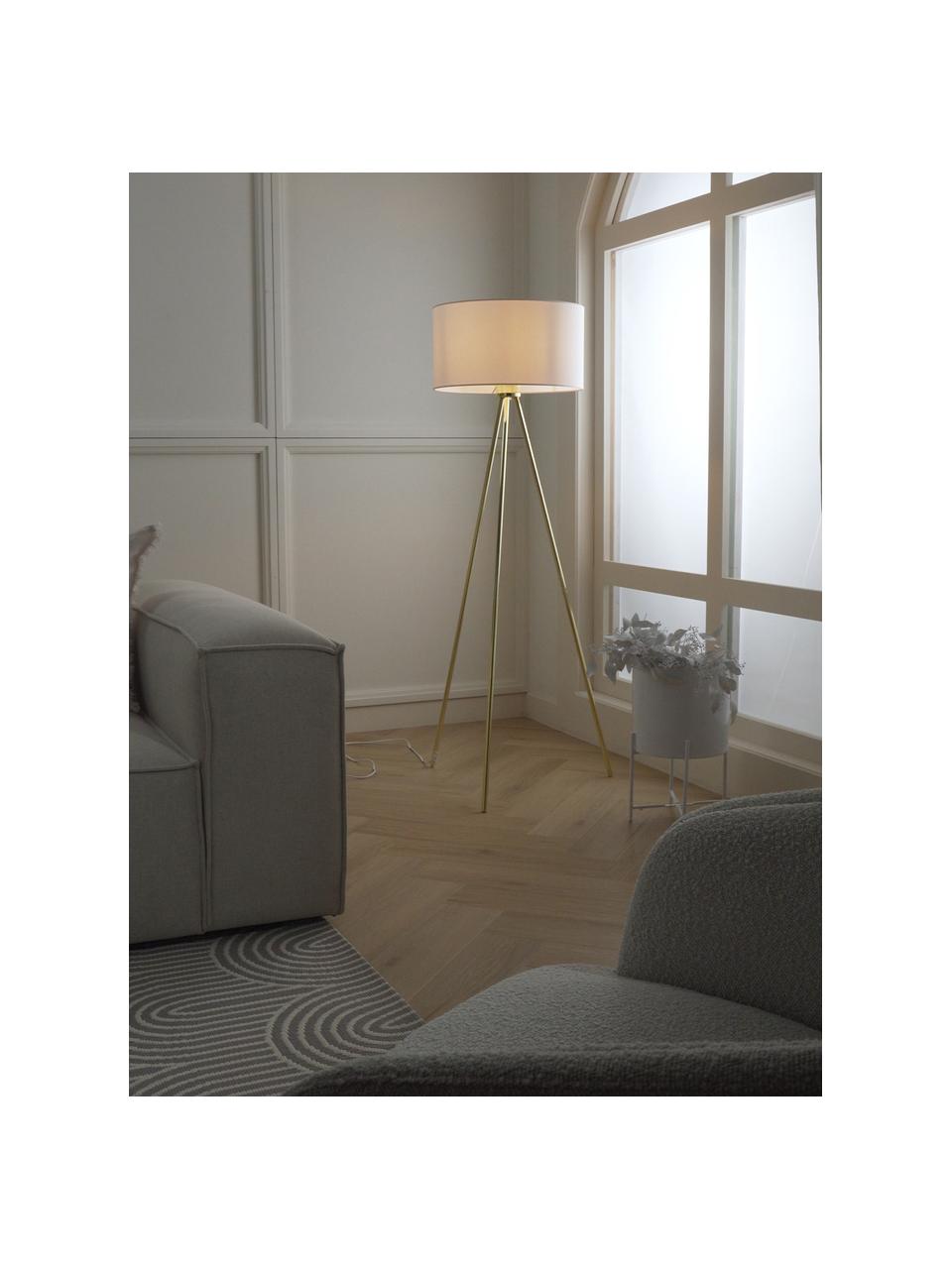 Tripod vloerlamp Cella met stoffen lampenkap, Lampenkap: katoenmix, Lampvoet: metaal, Wit, goudkleurig, H 147 cm