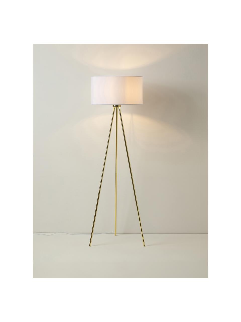 Tripod vloerlamp Cella met stoffen lampenkap, Lampenkap: katoenmix, Lampvoet: metaal, Wit, goudkleurig, H 147 cm