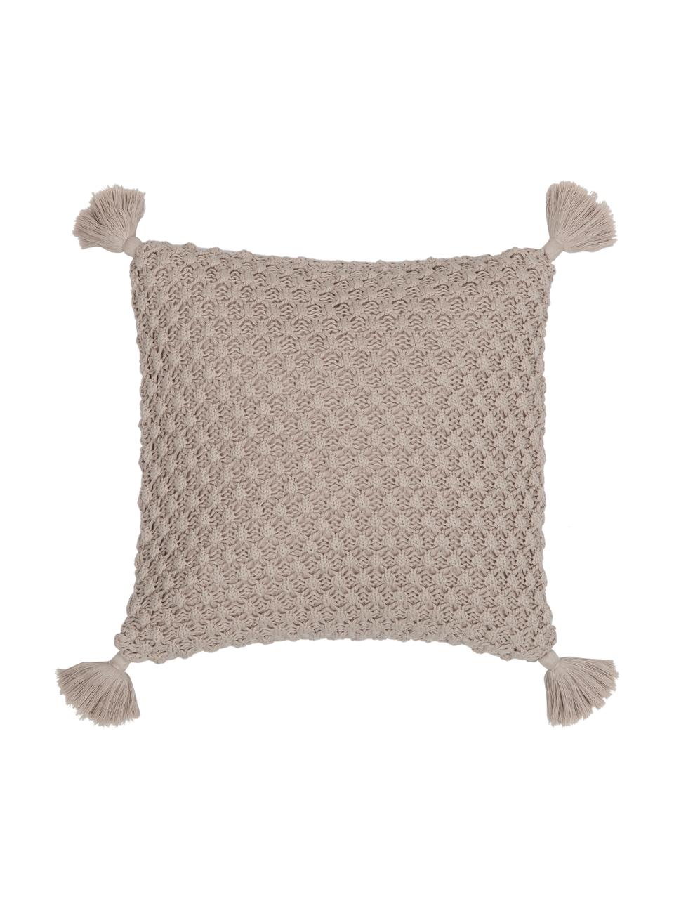 Strick-Kissenhülle Miri in Beige mit Quasten, 100% gekämmte Baumwolle, Beige, 50 x 50 cm