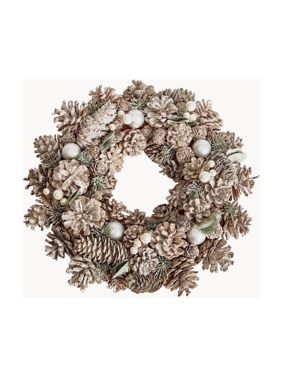 Couronne de Noël Pearly, Fibre naturelle, plastique, Vert, beige, argenté, Ø 34 x prof. 9 cm