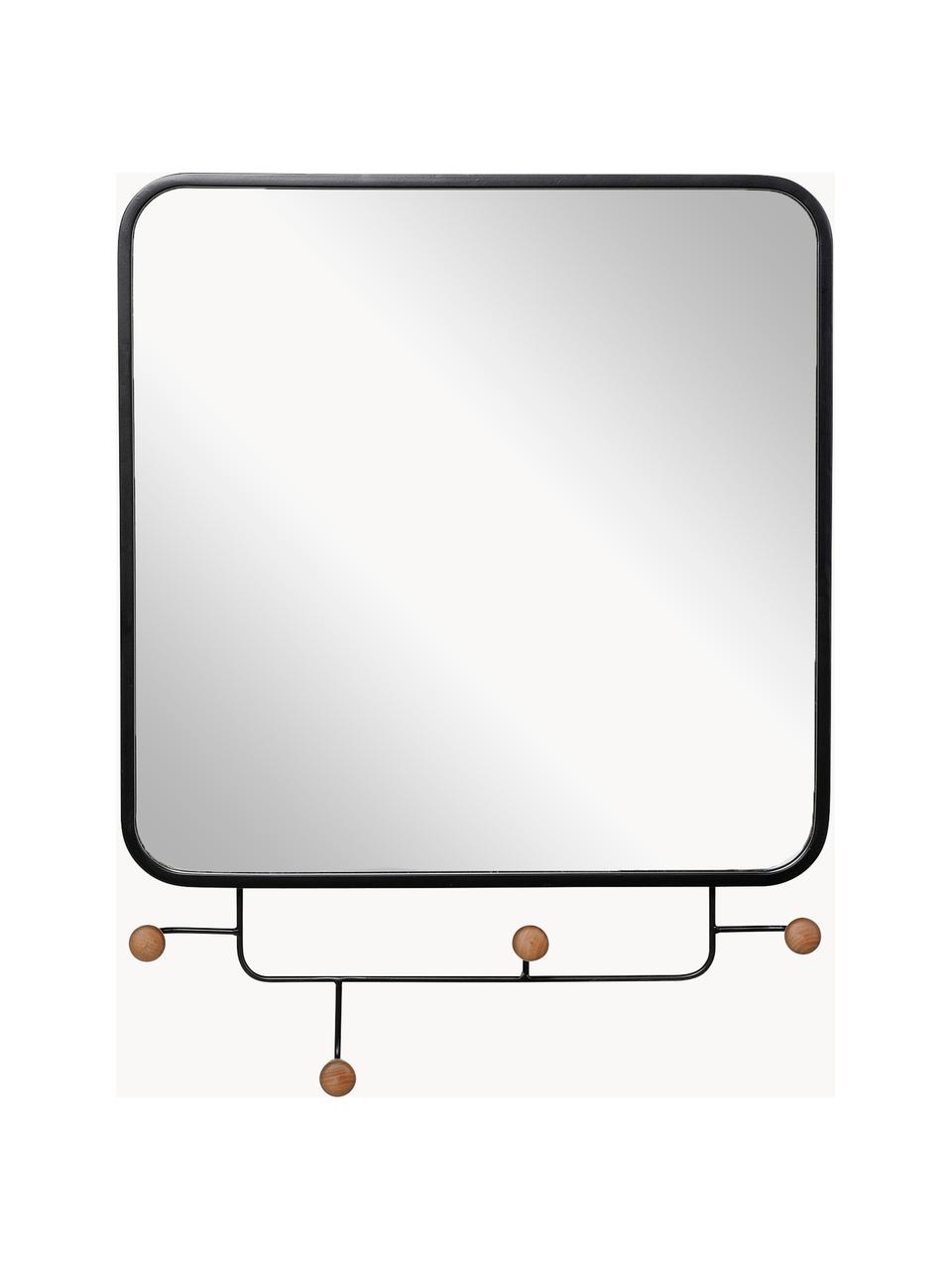 Wandgarderobe Gina mit Spiegel, Gestell: Metall, beschichtet, Spiegelfläche: Spiegelglas, Haken: Tannenholz, lackiert, Schwarz, Tannenholz, B 50 x H 65 cm