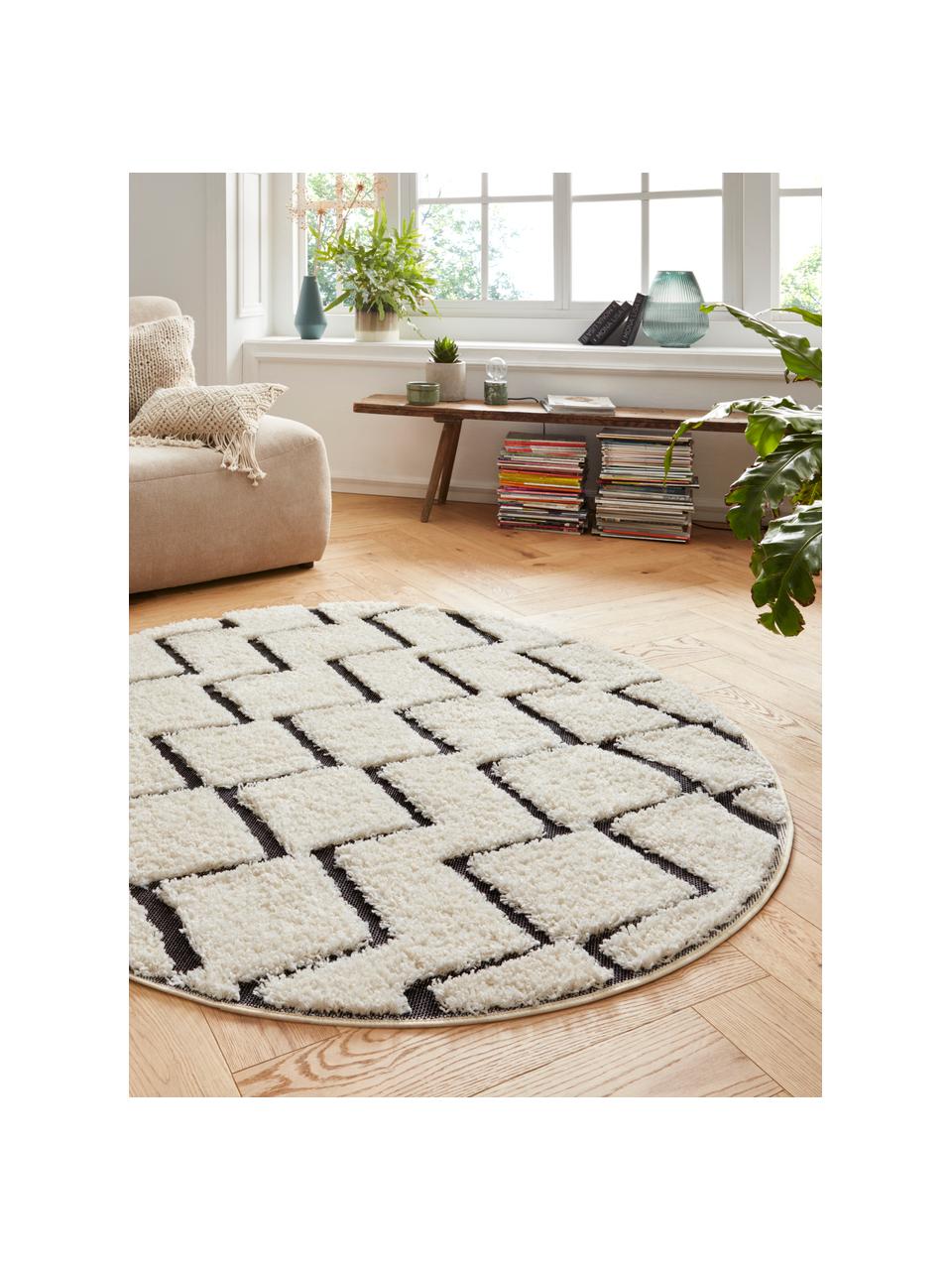 Alfombra redonda texturizada de interior/exterior Dades, Crema, negro, Ø 160 cm (Tamaño L)