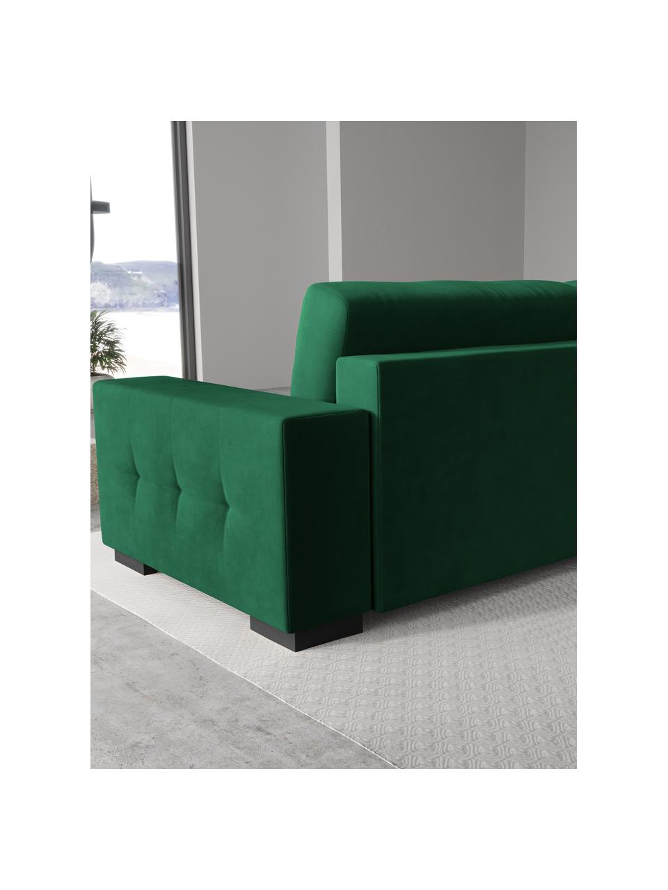 Divano letto 3 posti in velluto verde bottiglia Uvite, Rivestimento: 100% velluto di poliester, Struttura: legno di pino massiccio, , Piedini: legno, Verde bottiglia, Larg. 250 x Prof. 106 cm