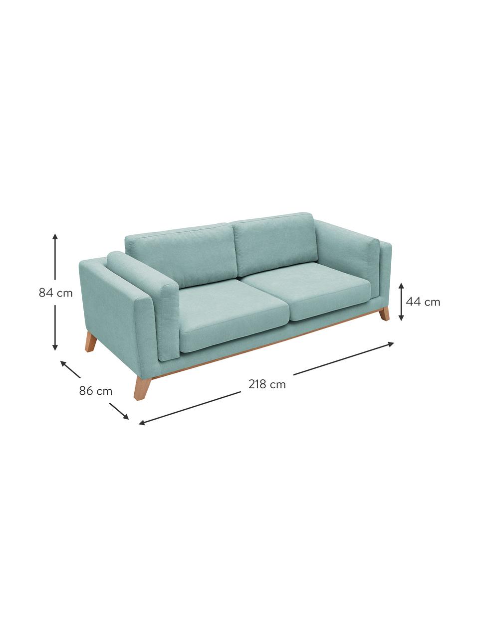 Divano 3 posti in tessuto azzurro Seattle, Rivestimento: 100% poliestere, Struttura: legno, truciolato, Piedini: legno, Azzurro, Larg. 218 x Prof. 86 cm