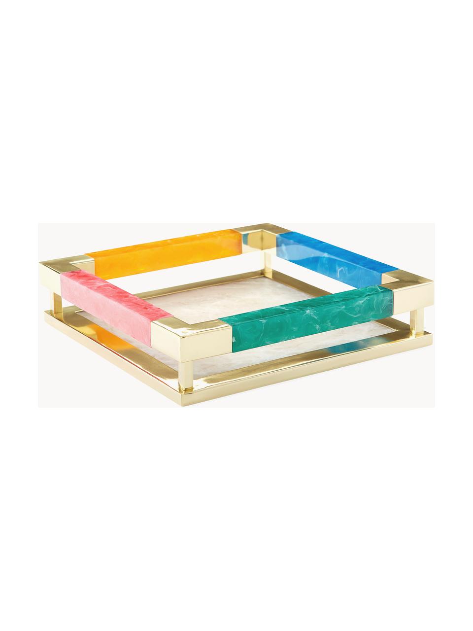 Handgefertigtes Deko-Tablett Mustique, Polyacryl, poliert, Metall, beschichtet, Goldfarben, Bunt, Marmor-Optik, B 14 x T 14 cm