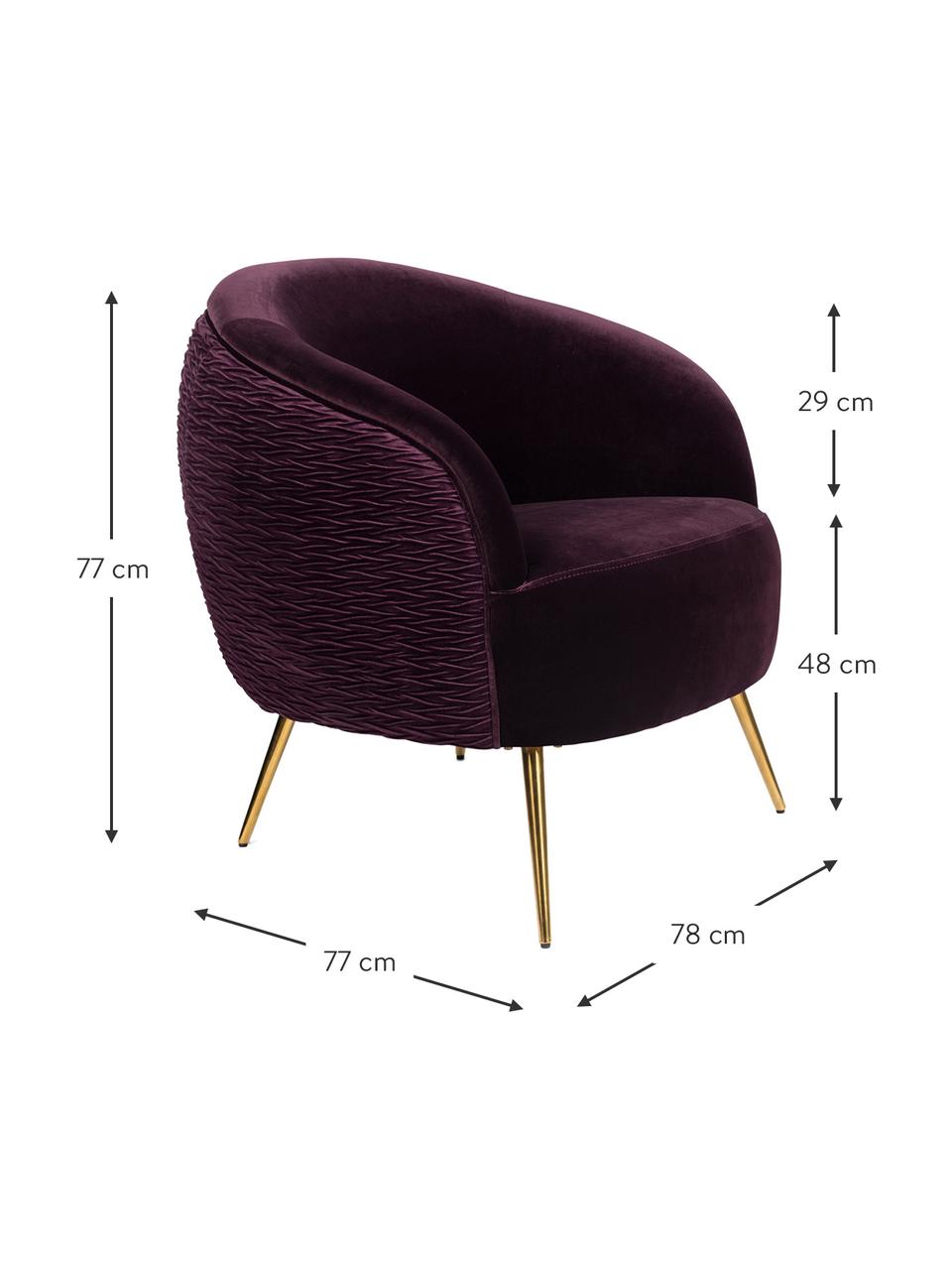 Poltrona in velluto viola So Curvy, Rivestimento: velluto di poliestere 30., Piedini: acciaio inossidabile, zin, Velluto viola, Larg. 78 x Prof. 77 cm