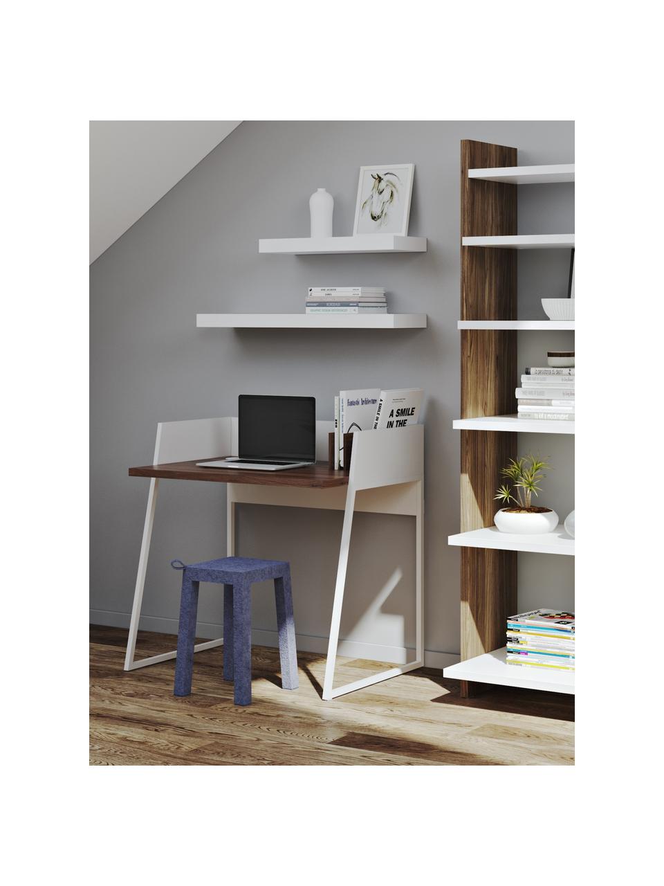 Klein bureau Camille met plank, Poten: gelakt metaal, Walnoothoutkleurig, mat wit, B 90 x D 60 cm