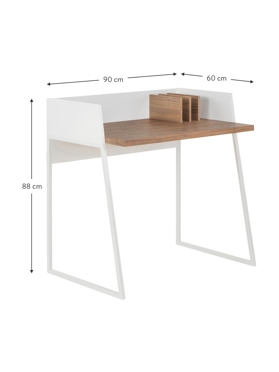 Klein bureau Camille met plank, Poten: gelakt metaal, Walnoothoutkleurig, mat wit, B 90 x D 60 cm