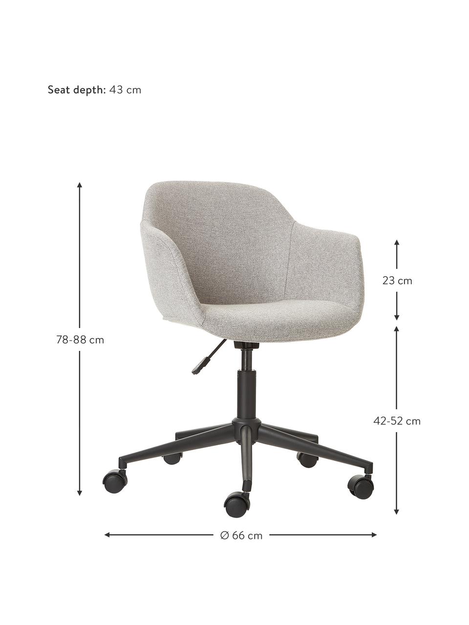 Chaise de bureau pivotante rembourrée, assise étroite Fiji, Tissu gris clair, larg. 66 x prof. 66 cm