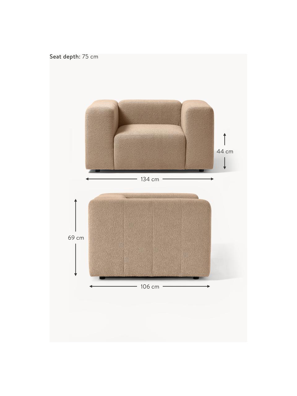 Fotel bouclé Lena, Tapicerka: bouclé (93% poliester, 6%, Stelaż: drewno sosnowe, sklejka, , Nogi: tworzywo sztuczne, Jasnobrązowy bouclé, S 134 x G 106 cm
