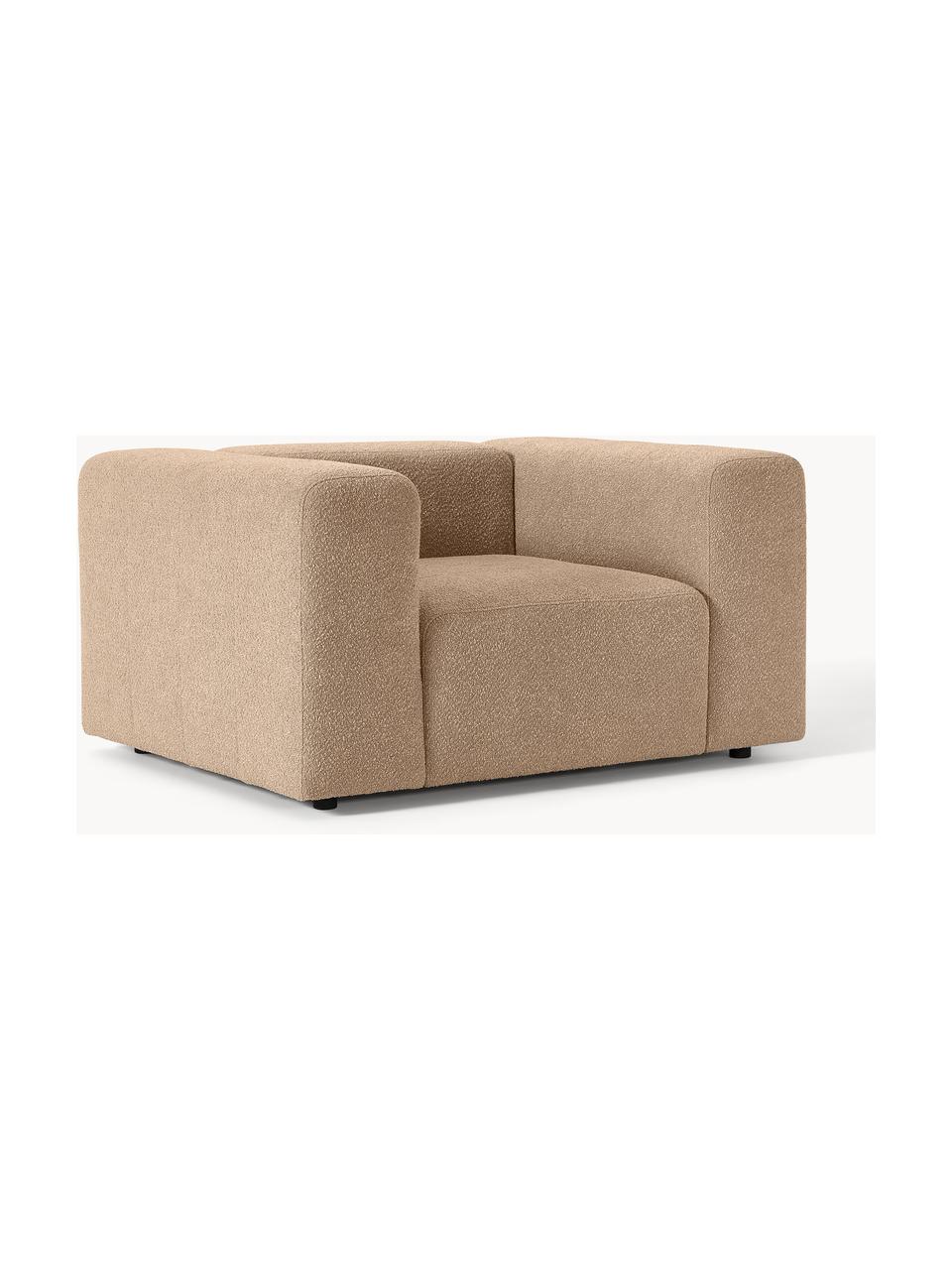 Fotel bouclé Lena, Tapicerka: bouclé (93% poliester, 6%, Stelaż: drewno sosnowe, sklejka, , Nogi: tworzywo sztuczne, Jasnobrązowy bouclé, S 134 x G 106 cm